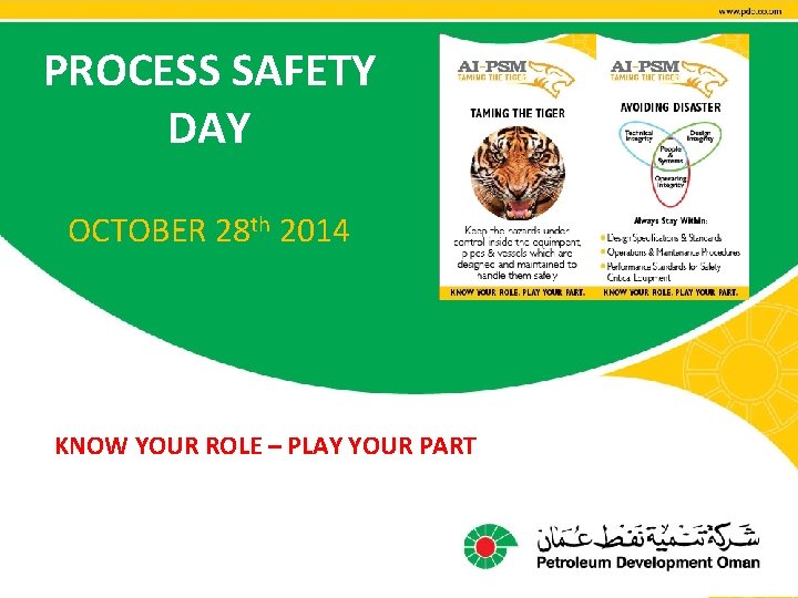PROCESS SAFETY DAY OCTOBER 28 th 2014 KNOW YOUR ROLE – PLAY YOUR PART