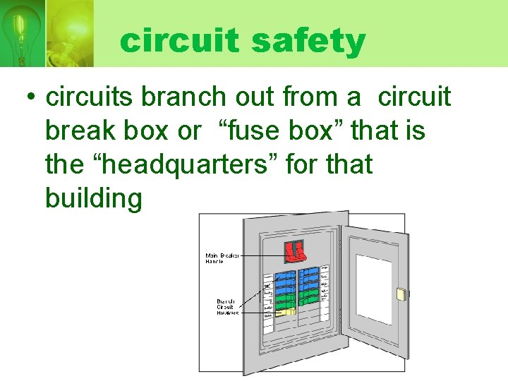 circuit safety • circuits branch out from a circuit break box or “fuse box”
