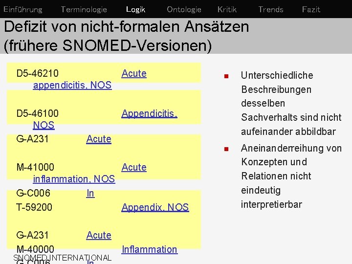 Einführung Terminologie Logik Ontologie Kritik Trends Fazit Defizit von nicht-formalen Ansätzen (frühere SNOMED-Versionen) D