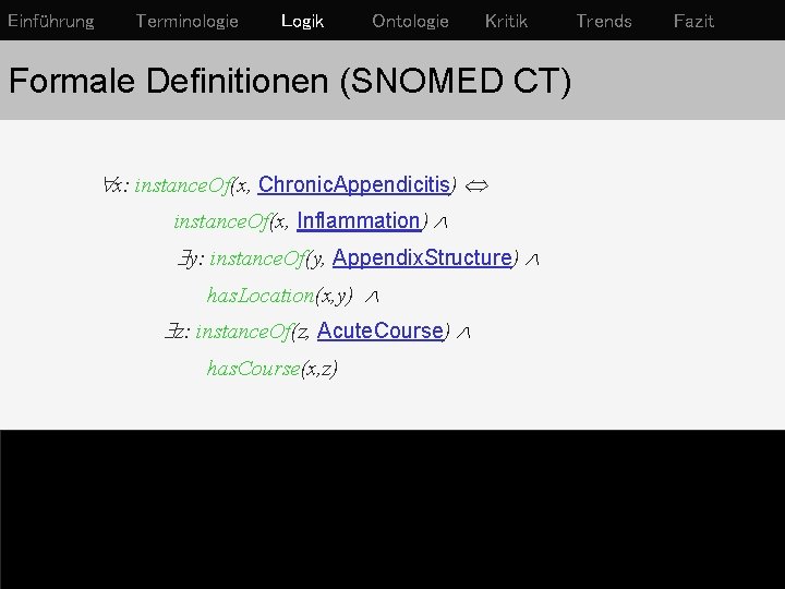 Einführung Terminologie Logik Ontologie Kritik Formale Definitionen (SNOMED CT) x: instance. Of(x, Chronic. Appendicitis)