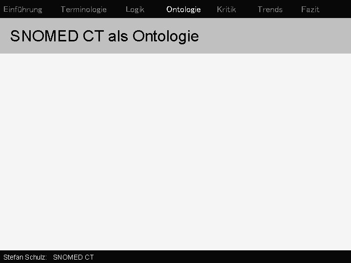 Einführung Terminologie Logik Ontologie SNOMED CT als Ontologie Stefan Schulz: SNOMED CT Kritik Trends