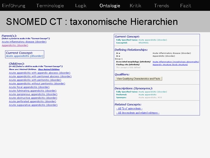 Einführung Terminologie Logik Ontologie Kritik Trends SNOMED CT : taxonomische Hierarchien Fazit 