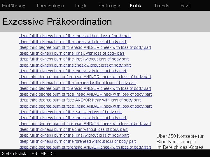 Einführung Terminologie Logik Ontologie Kritik Trends Fazit Exzessive Präkoordination deep full thickness burn of