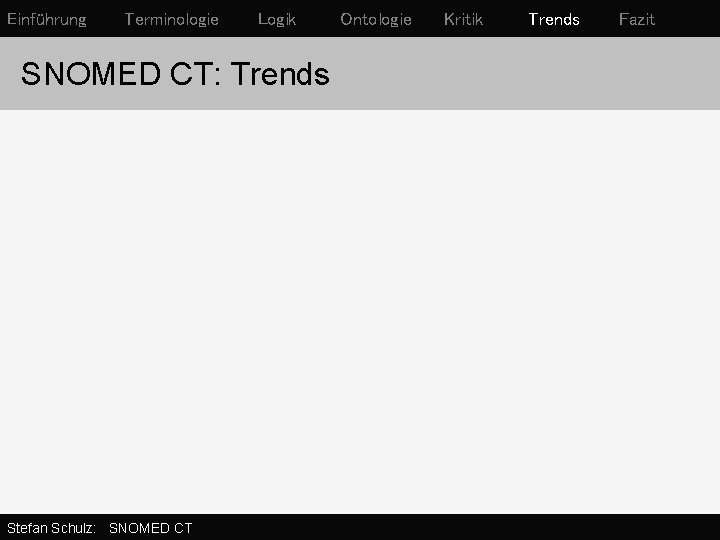 Einführung Terminologie Logik SNOMED CT: Trends Stefan Schulz: SNOMED CT Ontologie Kritik Trends Fazit