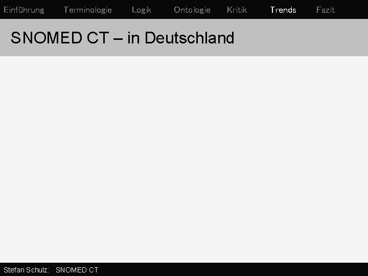 Einführung Terminologie Logik Ontologie Kritik SNOMED CT – in Deutschland Stefan Schulz: SNOMED CT