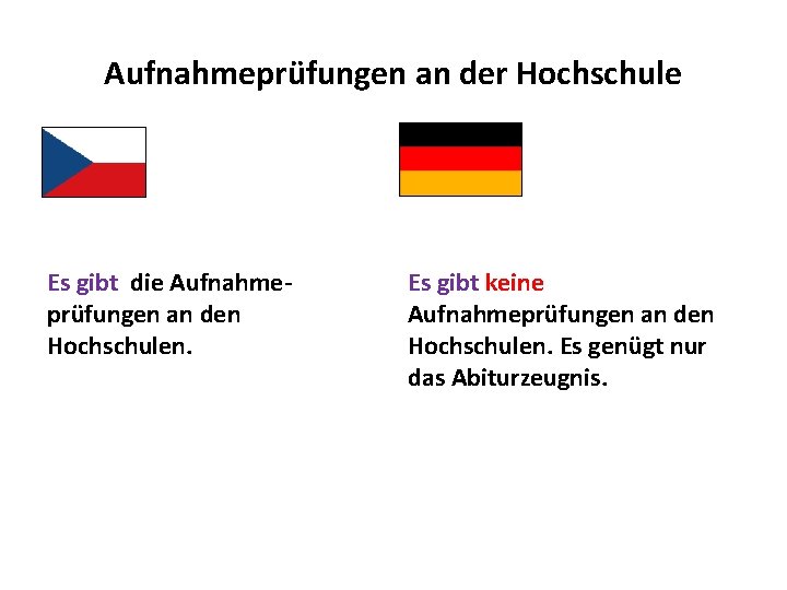 Aufnahmeprüfungen an der Hochschule Es gibt die Aufnahmeprüfungen an den Hochschulen. Es gibt keine