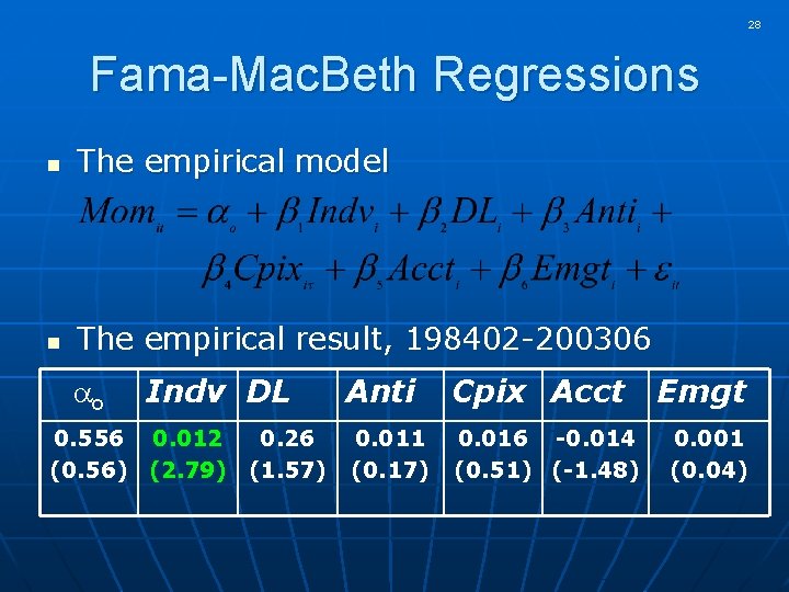 28 Fama-Mac. Beth Regressions n The empirical model n The empirical result, 198402 -200306
