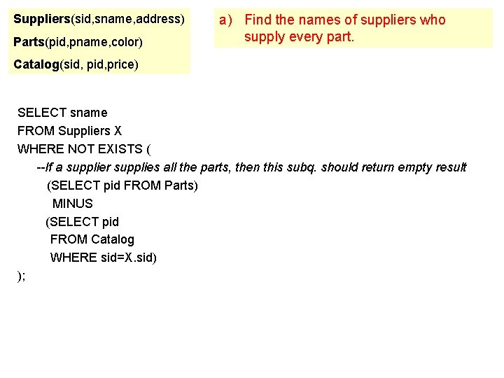 Suppliers(sid, sname, address) Parts(pid, pname, color) a) Find the names of suppliers who supply