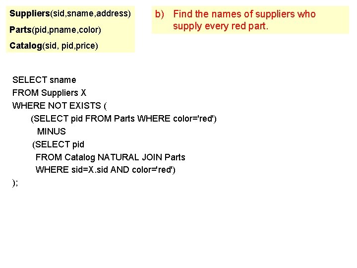 Suppliers(sid, sname, address) Parts(pid, pname, color) b) Find the names of suppliers who supply