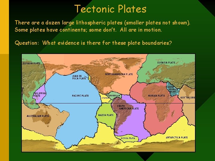 Tectonic Plates There a dozen large lithospheric plates (smaller plates not shown). Some plates