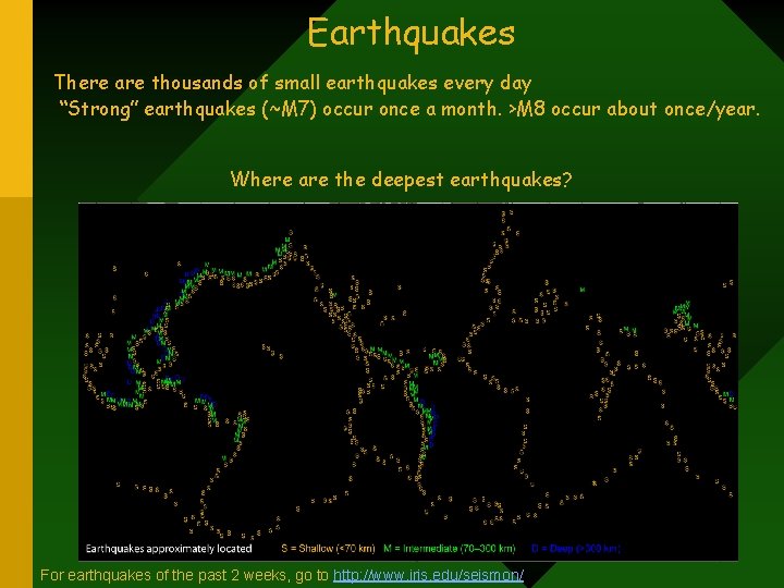 Earthquakes There are thousands of small earthquakes every day “Strong” earthquakes (~M 7) occur