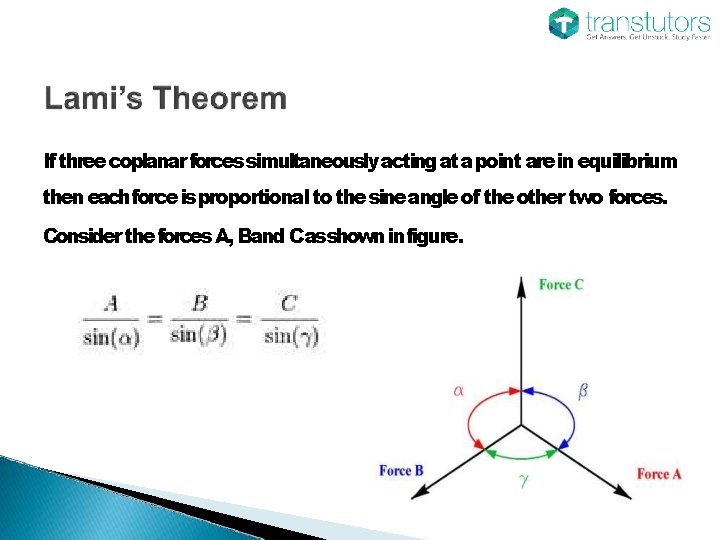 If three coplanar forces simultaneously acting at apoint are in equilibrium then each force