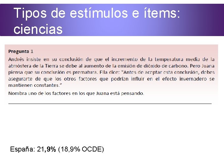 Tipos de estímulos e ítems: ciencias España: 21, 9% (18, 9% OCDE) 