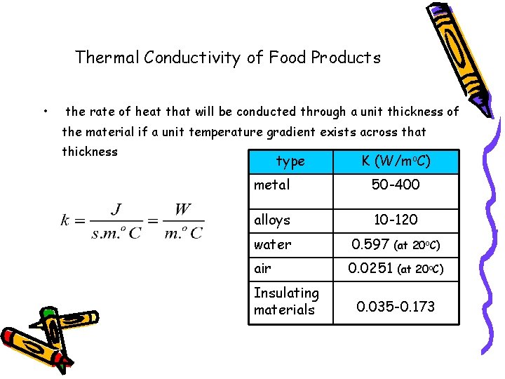 Thermal Conductivity of Food Products • the rate of heat that will be conducted