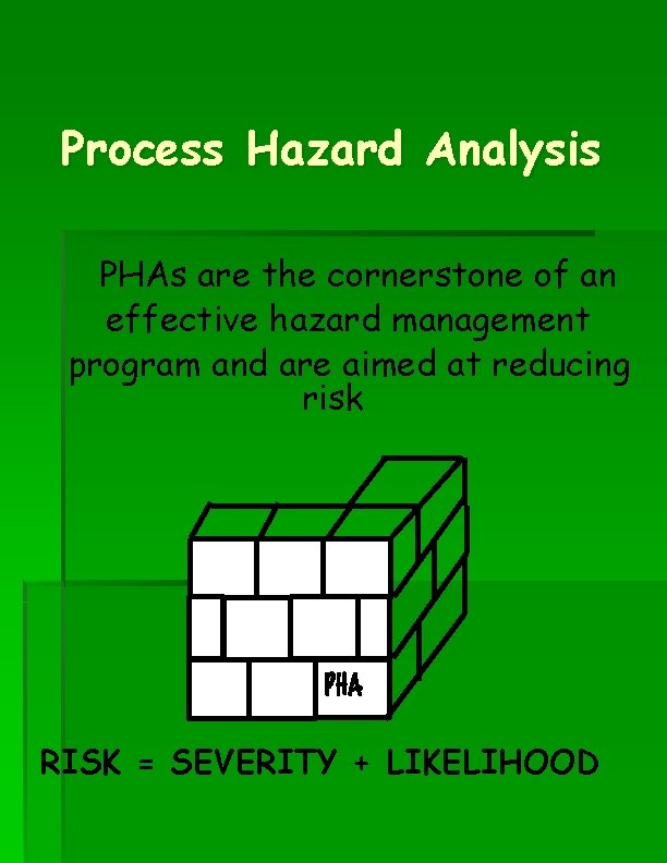Process Hazard Analysis PHAs are the cornerstone of an effective hazard management program and Process Hazard Analysis PHAs are the cornerstone of an effective hazard management program and