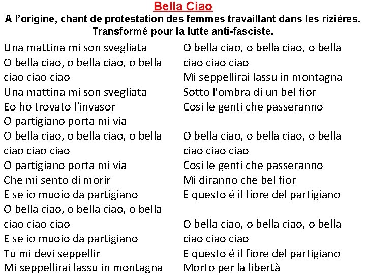 Bella Ciao A l’origine, chant de protestation des femmes travaillant dans les rizières. Transformé