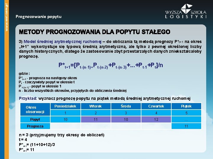Prognozowanie popytu 3) Model średniej arytmetycznej ruchomej – do obliczania tą metodą prognozy P*t+1