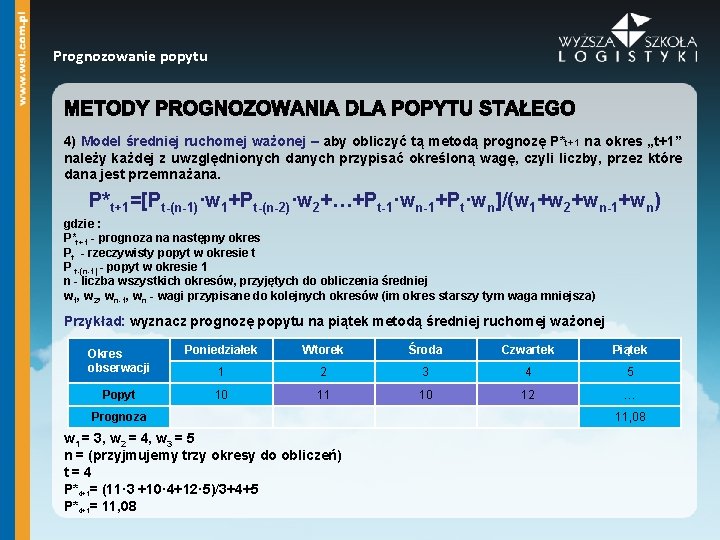 Prognozowanie popytu 4) Model średniej ruchomej ważonej – aby obliczyć tą metodą prognozę P*t+1