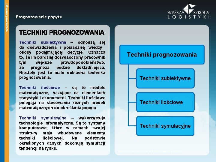 Prognozowanie popytu Techniki subiektywne – odnoszą się do doświadczenia i posiadanej wiedzy osoby podejmującej