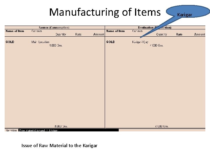 Manufacturing of Items Issue of Raw Material to the Karigar 