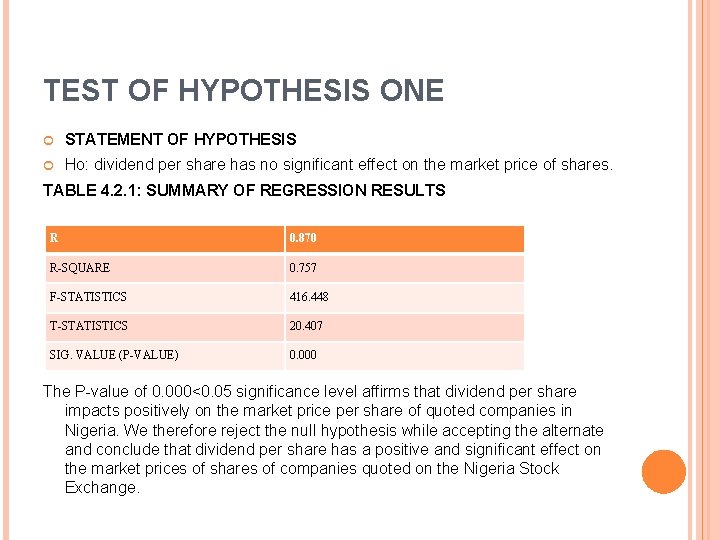 TEST OF HYPOTHESIS ONE STATEMENT OF HYPOTHESIS Ho: dividend per share has no significant