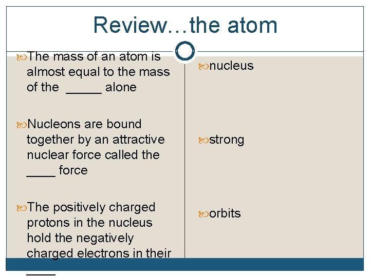 Review…the atom The mass of an atom is almost equal to the mass of