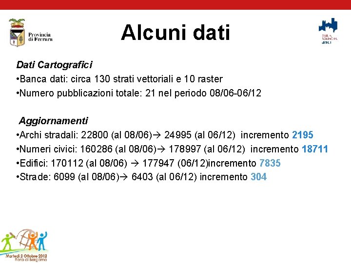 Alcuni dati Dati Cartografici • Banca dati: circa 130 strati vettoriali e 10 raster