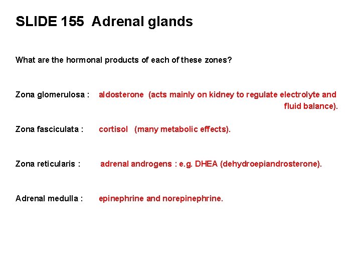 SLIDE 155 Adrenal glands What are the hormonal products of each of these zones?