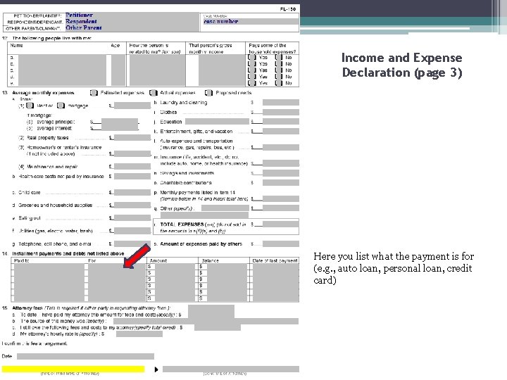 Income and Expense Declaration (page 3) Here you list what the payment is for