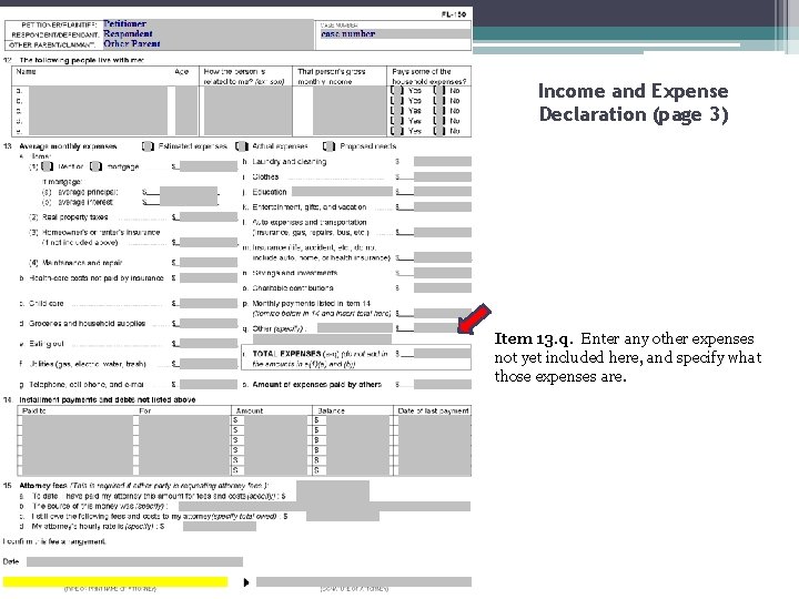 Income and Expense Declaration (page 3) Item 13. q. Enter any other expenses not