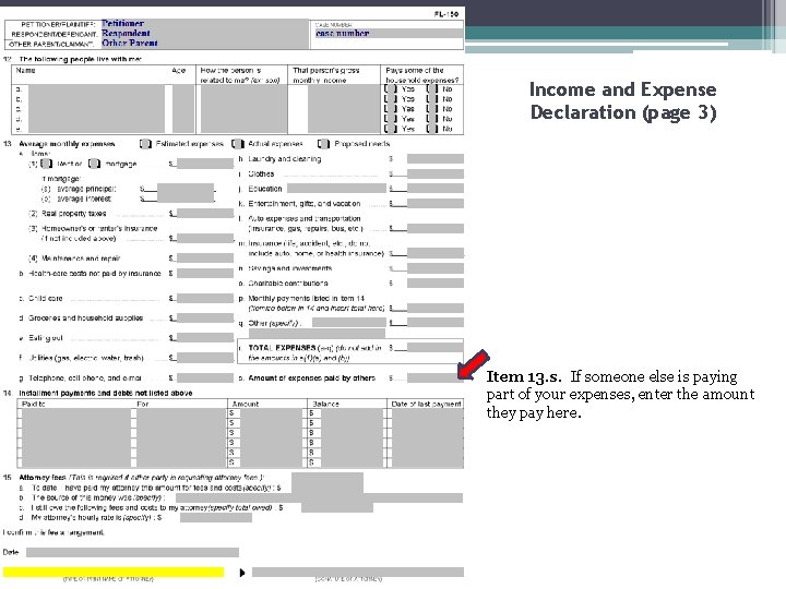 Income and Expense Declaration (page 3) Item 13. s. If someone else is paying