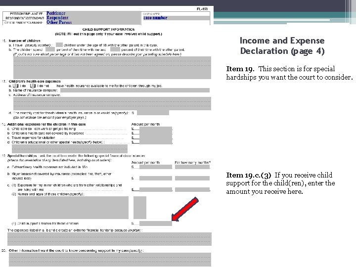 Income and Expense Declaration (page 4) Item 19. This section is for special hardships
