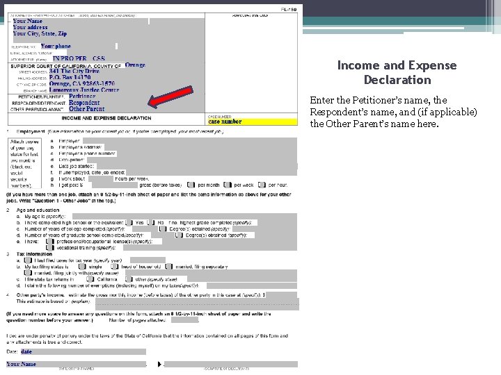 Income and Expense Declaration Enter the Petitioner’s name, the Respondent’s name, and (if applicable)