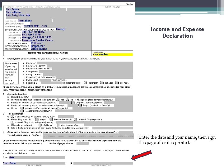 Income and Expense Declaration Enter the date and your name, then sign this page