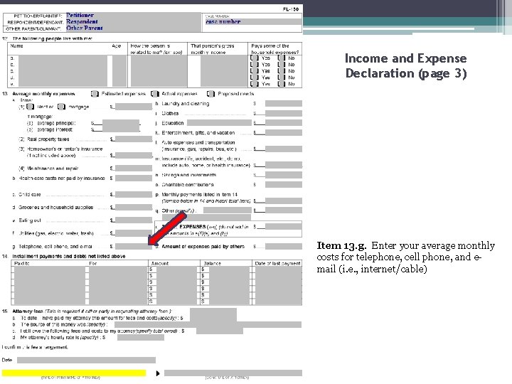 Income and Expense Declaration (page 3) Item 13. g. Enter your average monthly costs