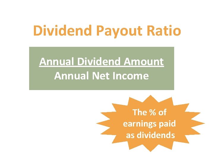 Dividend Payout Ratio Annual Dividend Amount Annual Net Income The % of earnings paid