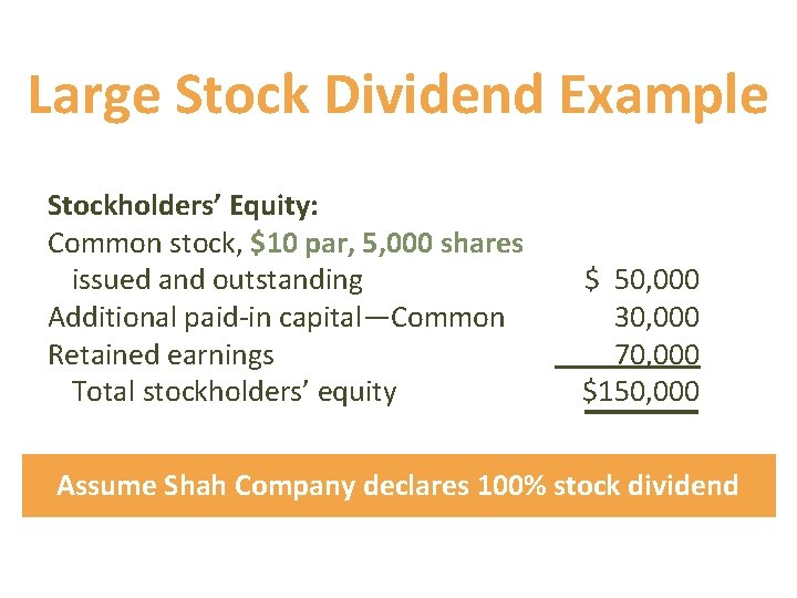 Large Stock Dividend Example Before Dividend Stockholders’ Equity: Common stock, $10 par, 5, 000
