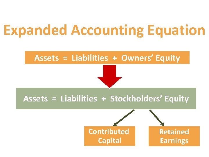 Expanded Accounting Equation Assets = Liabilities + Owners’ Equity Assets = Liabilities + Stockholders’