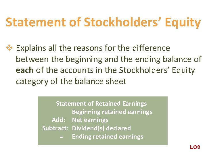 Statement of Stockholders’ Equity v Explains all the reasons for the difference between the