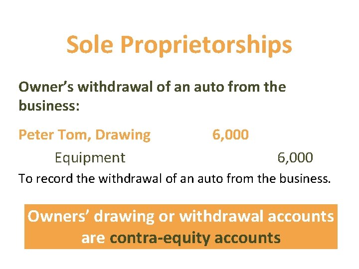 Sole Proprietorships Owner’s withdrawal of an auto from the business: Peter Tom, Drawing Equipment