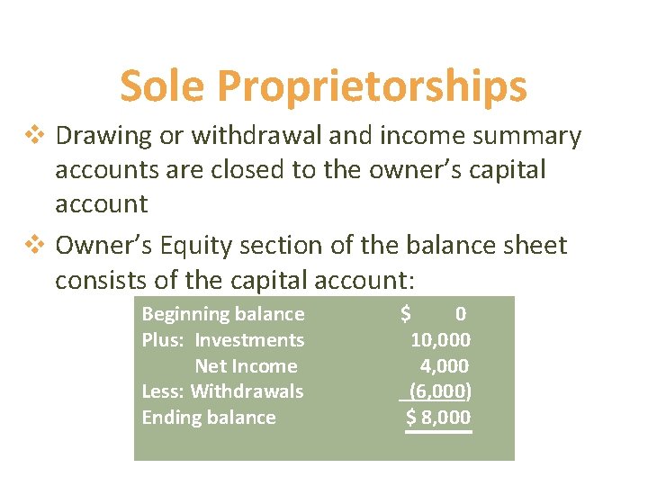 Sole Proprietorships v Drawing or withdrawal and income summary accounts are closed to the