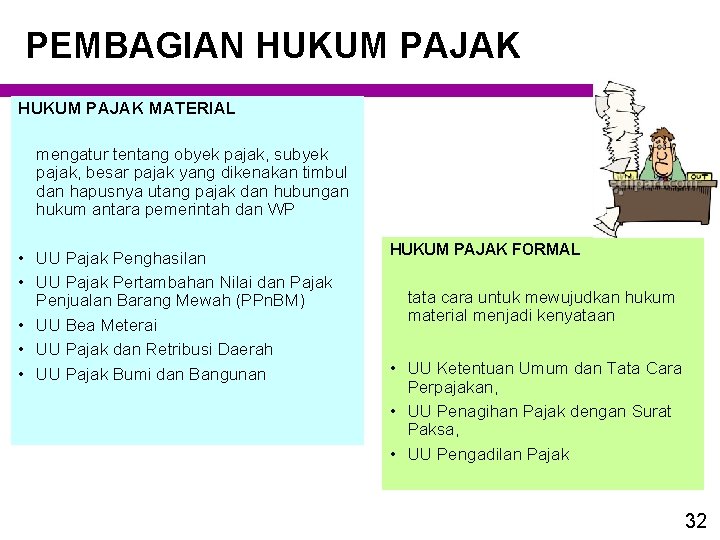 PEMBAGIAN HUKUM PAJAK MATERIAL mengatur tentang obyek pajak, subyek pajak, besar pajak yang dikenakan