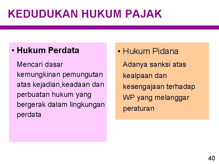 KEDUDUKAN HUKUM PAJAK • Hukum Perdata Mencari dasar kemungkinan pemungutan atas kejadian, keadaan dan