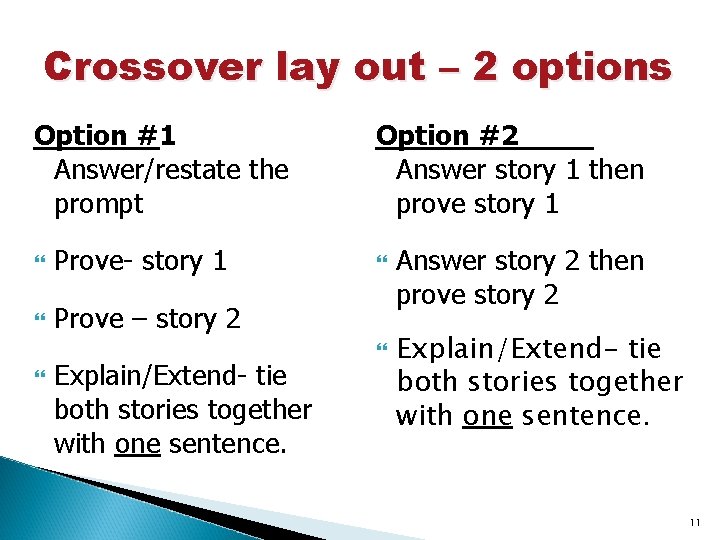 Crossover lay out – 2 options Option #1 Answer/restate the prompt Prove- story 1