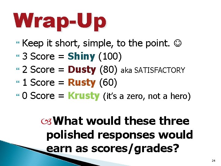 Wrap-Up Keep it short, simple, to the point. 3 Score = Shiny (100) 2