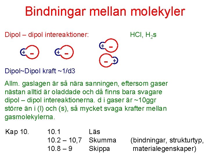 Bindningar mellan molekyler Dipol – dipol intereaktioner: + - Dipol~Dipol kraft ~1/d 3 +