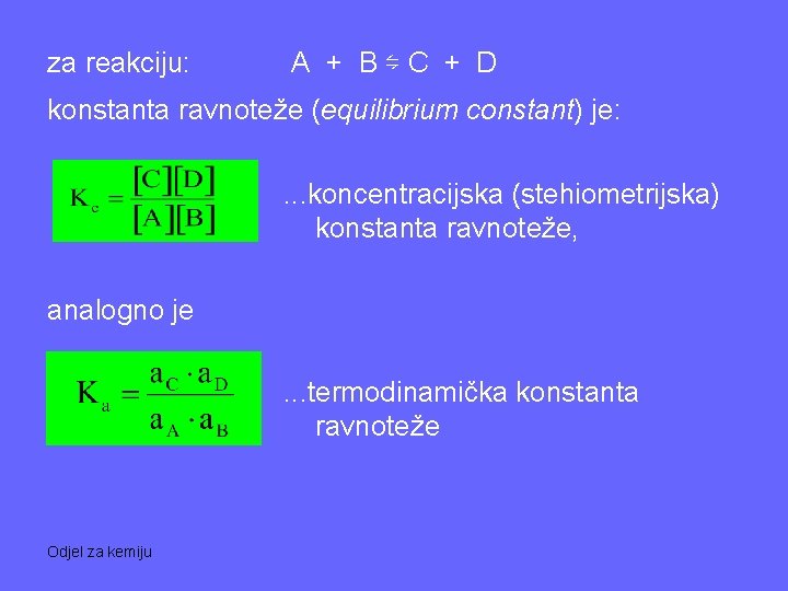 za reakciju: A + B ⇋ C + D konstanta ravnoteže (equilibrium constant) je:
