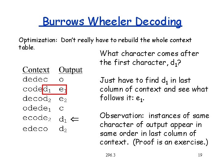 Burrows Wheeler Decoding Optimization: Don’t really have to rebuild the whole context table. What