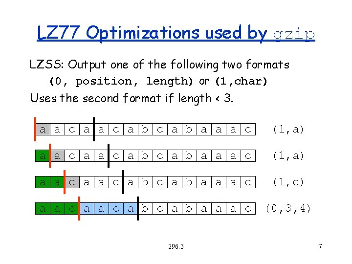 LZ 77 Optimizations used by gzip LZSS: Output one of the following two formats