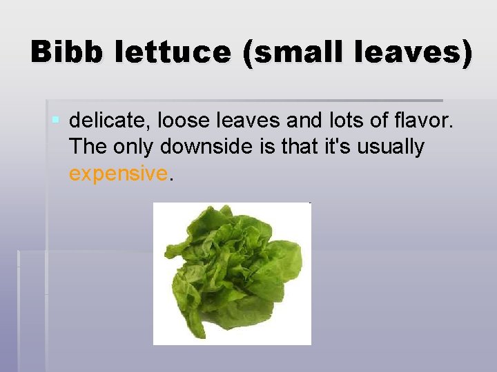 Bibb lettuce (small leaves) § delicate, loose leaves and lots of flavor. The only